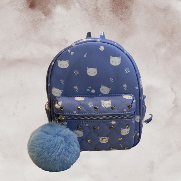 💜 UNDER ONE SKY Lavender Cat Print Mini Backpack with Pom-Pom 🌸 - Picture 2 of 5